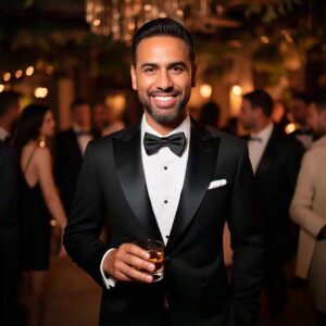 Homem elegante de smoking segurando um copo de whisky em uma festa de gala, transmitindo sofisticação e estilo.