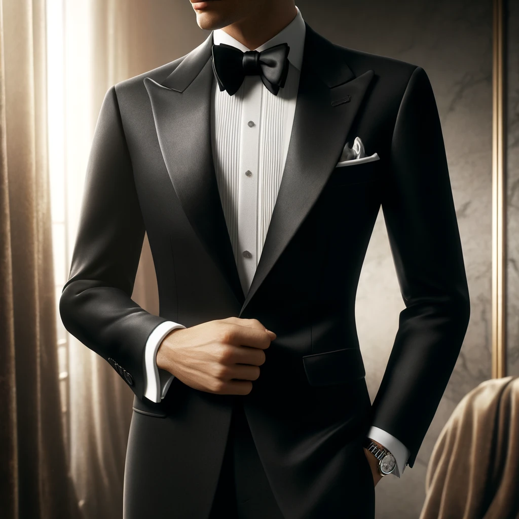 Homem usando smoking clássico preto com lapelas de cetim, camisa branca e gravata borboleta, posando em um ambiente elegante.